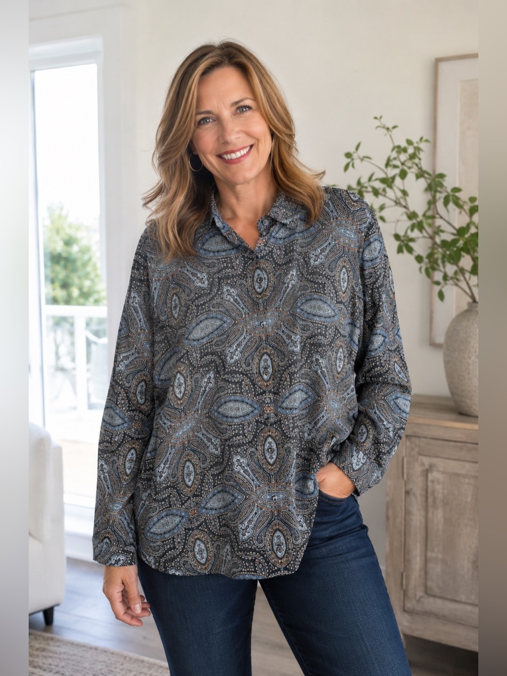 J. Jill Paisley Print Sheer Chiffon Button Front Tunic Blue Large Petite‎ Boho